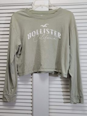 Hollister Sage Green Cropped Logo Long-Sleeve Top